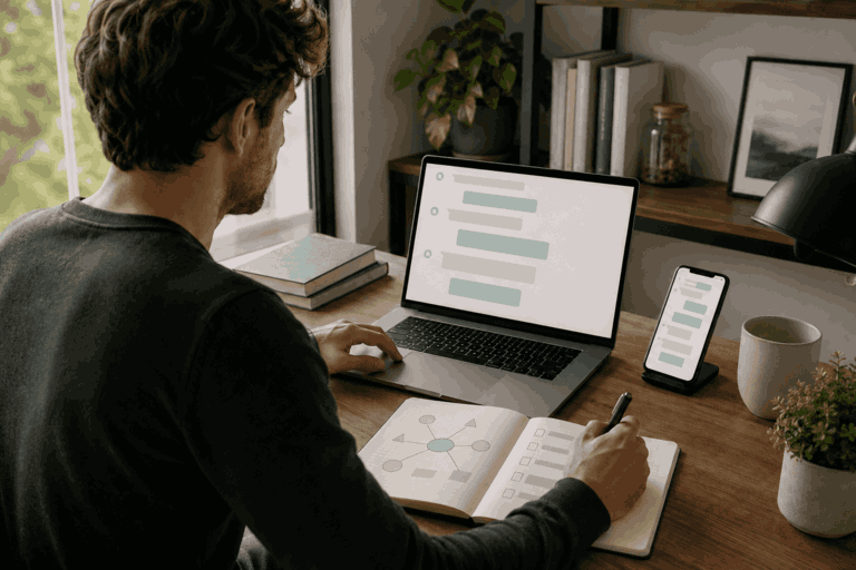 Person using ChatGPT unlimited text chats on laptop and phone while taking notes