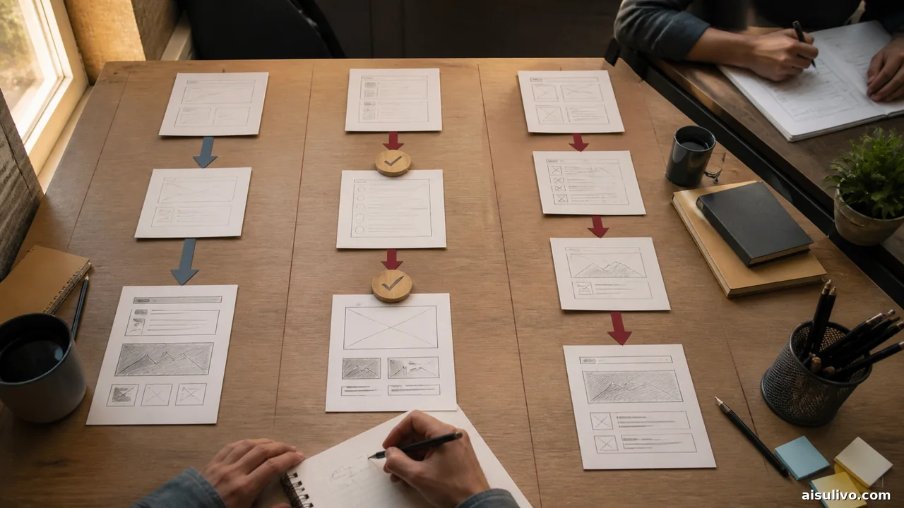 Direct, cascade and critique paths arranged across a developer desk