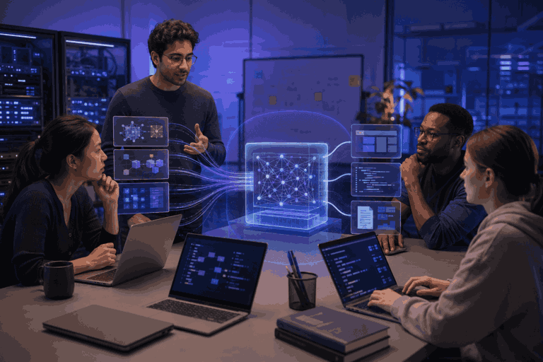 Google DeepMind AI research team collaborating around neural network models