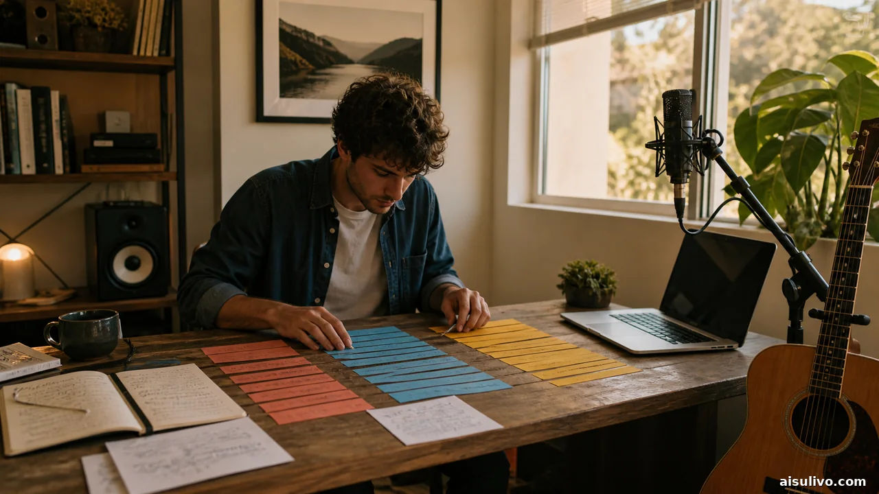 Text and image prompts guiding a structured music track in a studio