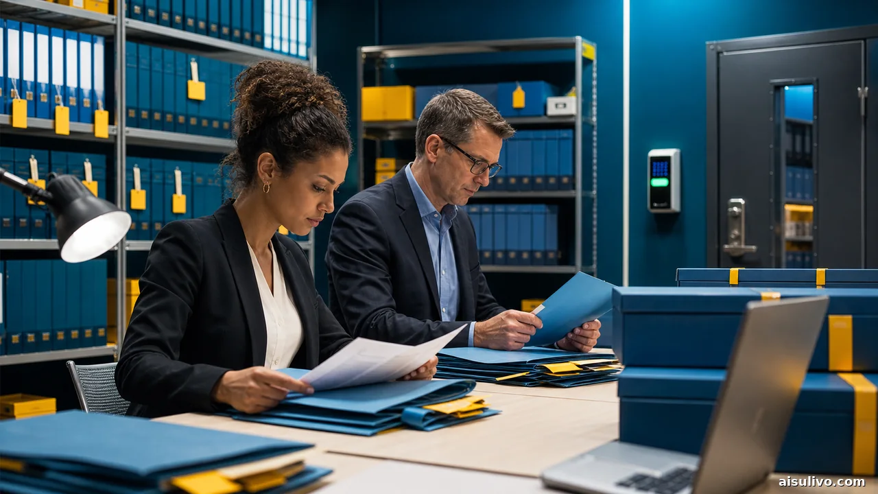 Secure archive boxes beside enterprise servers in a records facility