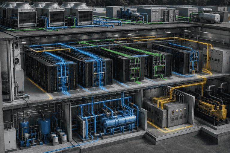 NVIDIA AI factory data center cutaway showing power cooling and GPU compute racks