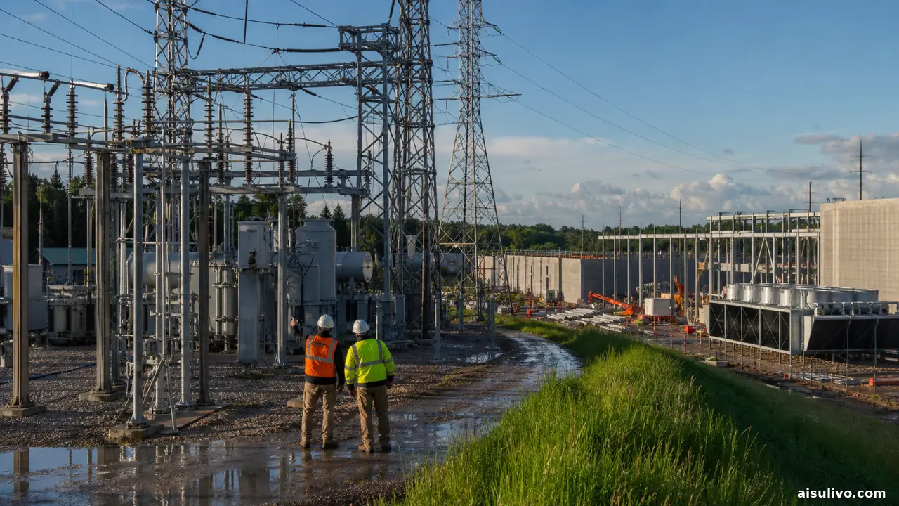 Large data-center construction site across an industrial Ohio landscape
