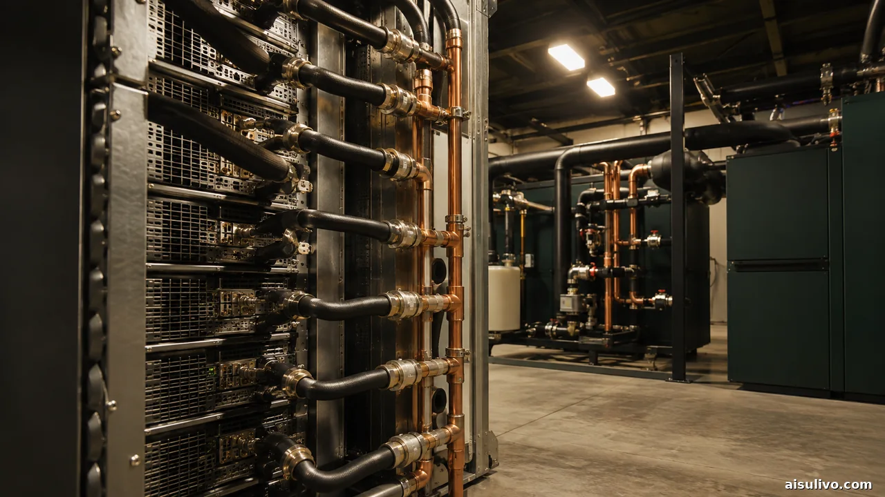 Documentary-style illustration of liquid-cooling pipes beside computing racks