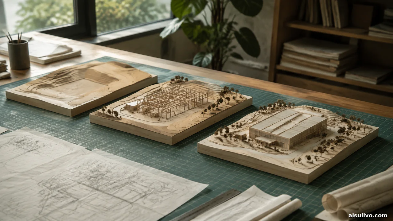 Architectural planning model with separate phases on a workshop table