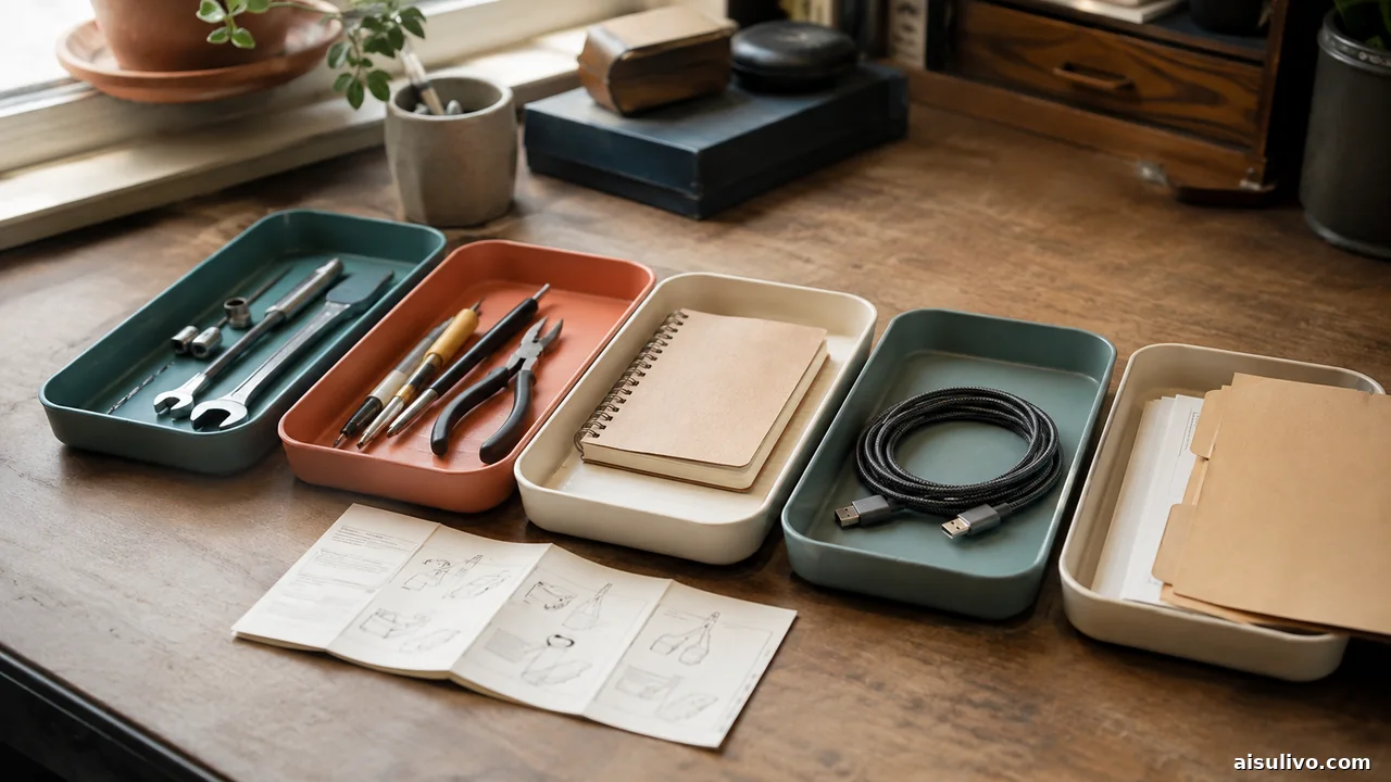Organized tools and reference folders on a developer workbench