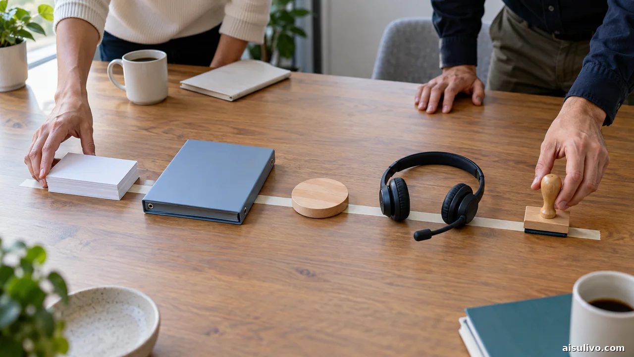 Blank cards, binder, token, headset, and review stamp arranged as a support workflow
