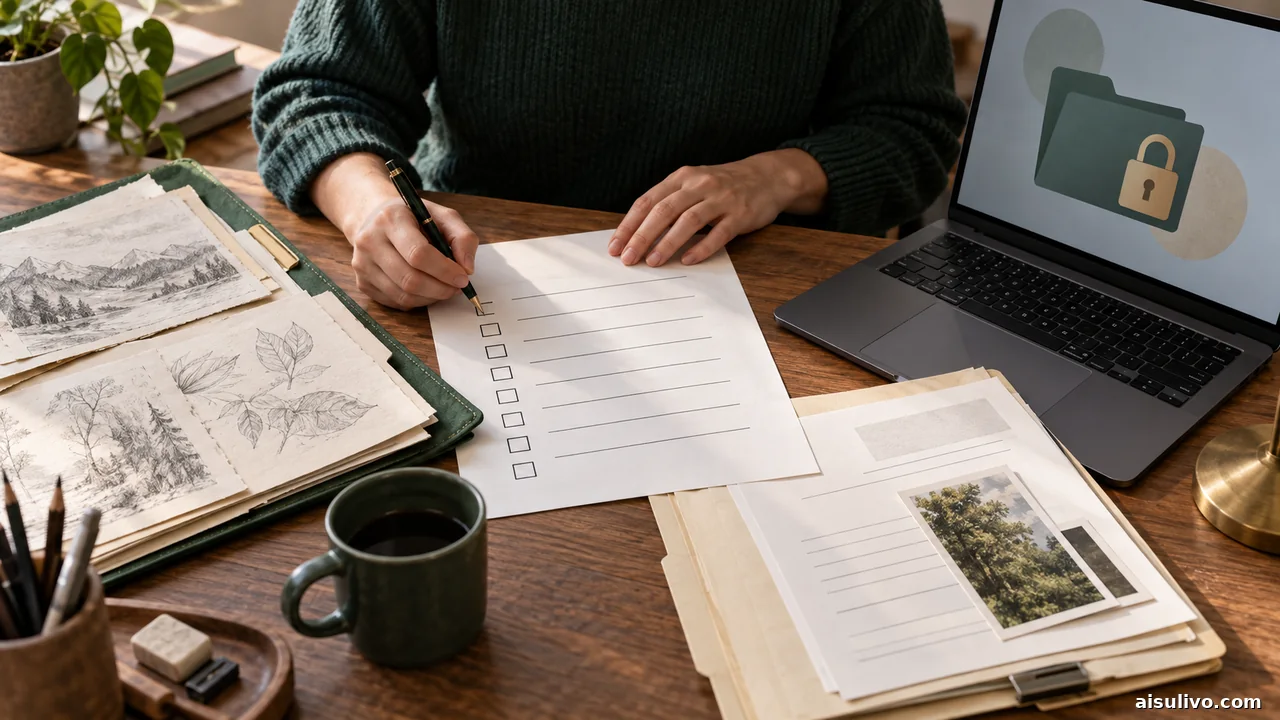 Creative lead reviewing a blank rights checklist beside original sketches and a secure folder