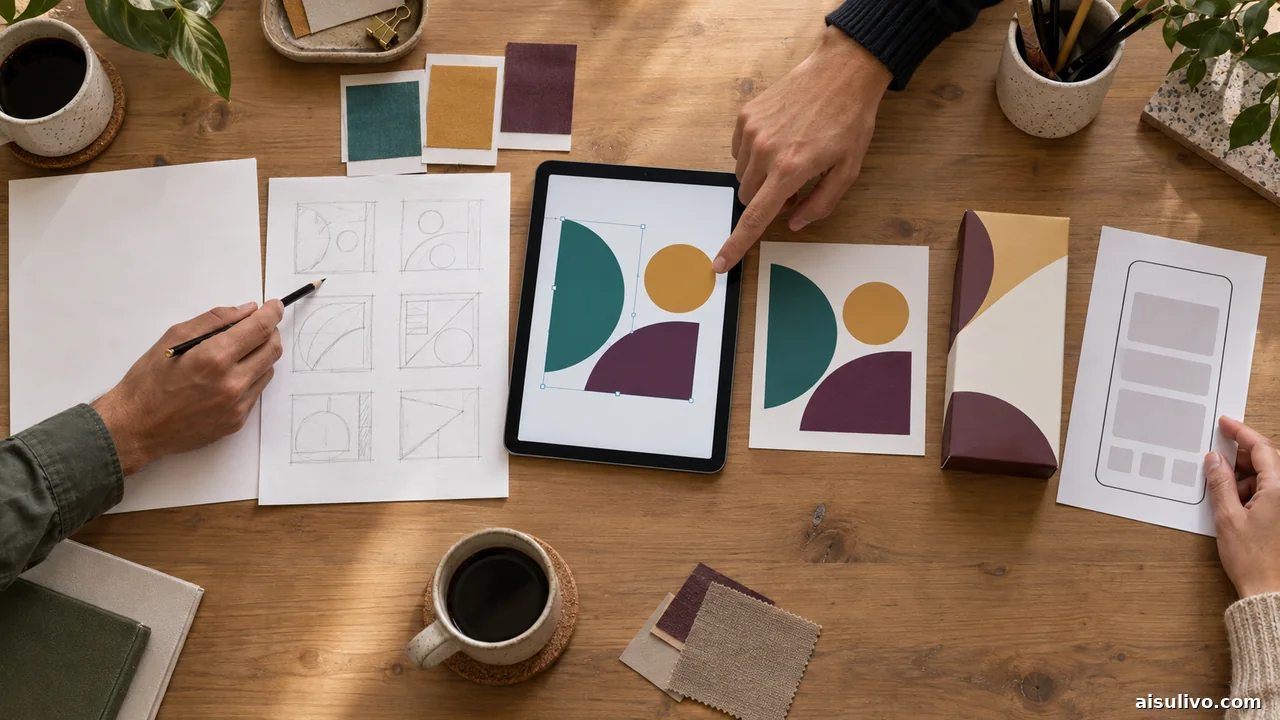 Design team moving from sketches and editable vectors to reviewed visual deliverables