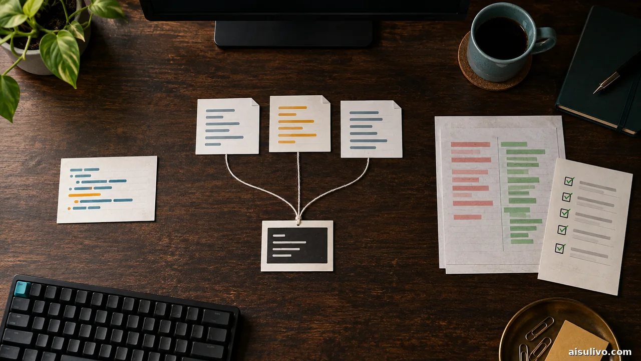 Paper code cards connected to terminal, diff, and test checks on a developer desk
