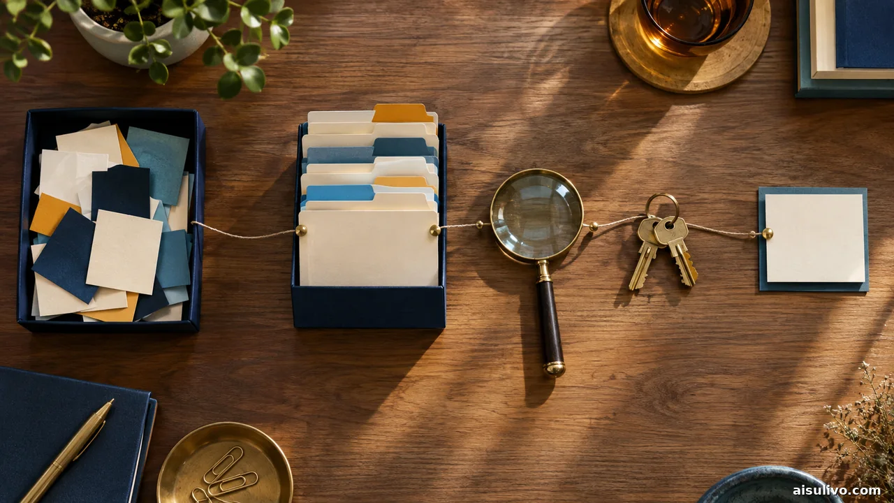 Layered physical knowledge workflow with capture cards, indexed folders, and a review desk