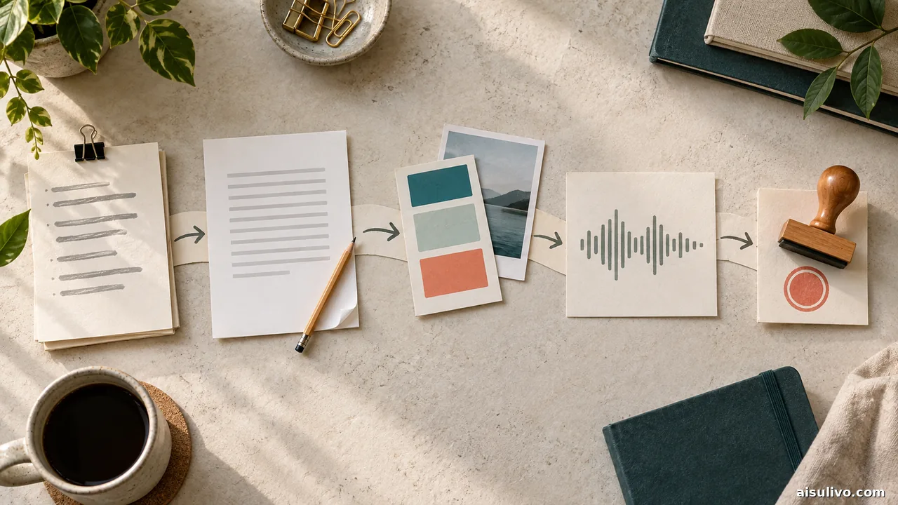 Physical content workflow linking research notes, drafting, visuals, audio, and approval