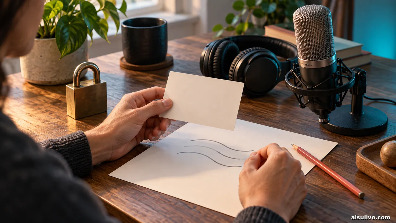 Reviewer checks a blank consent card beside a microphone, headphones, and lock