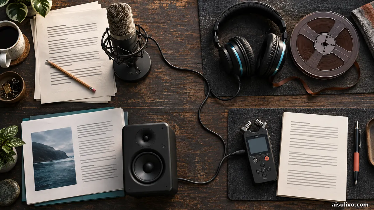 Audio production table arranged for narration, editing, listening, and transcription