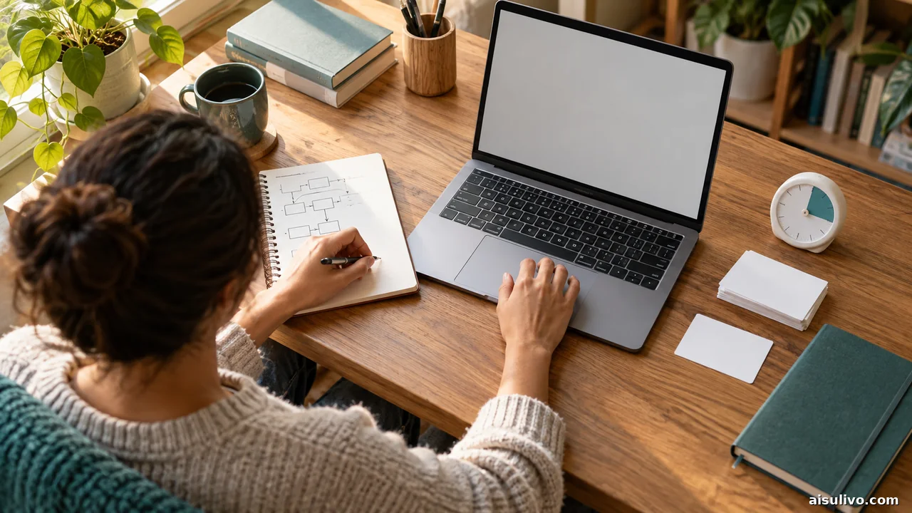 Student moving from an assignment brief through sources, handwritten reasoning, and a final review