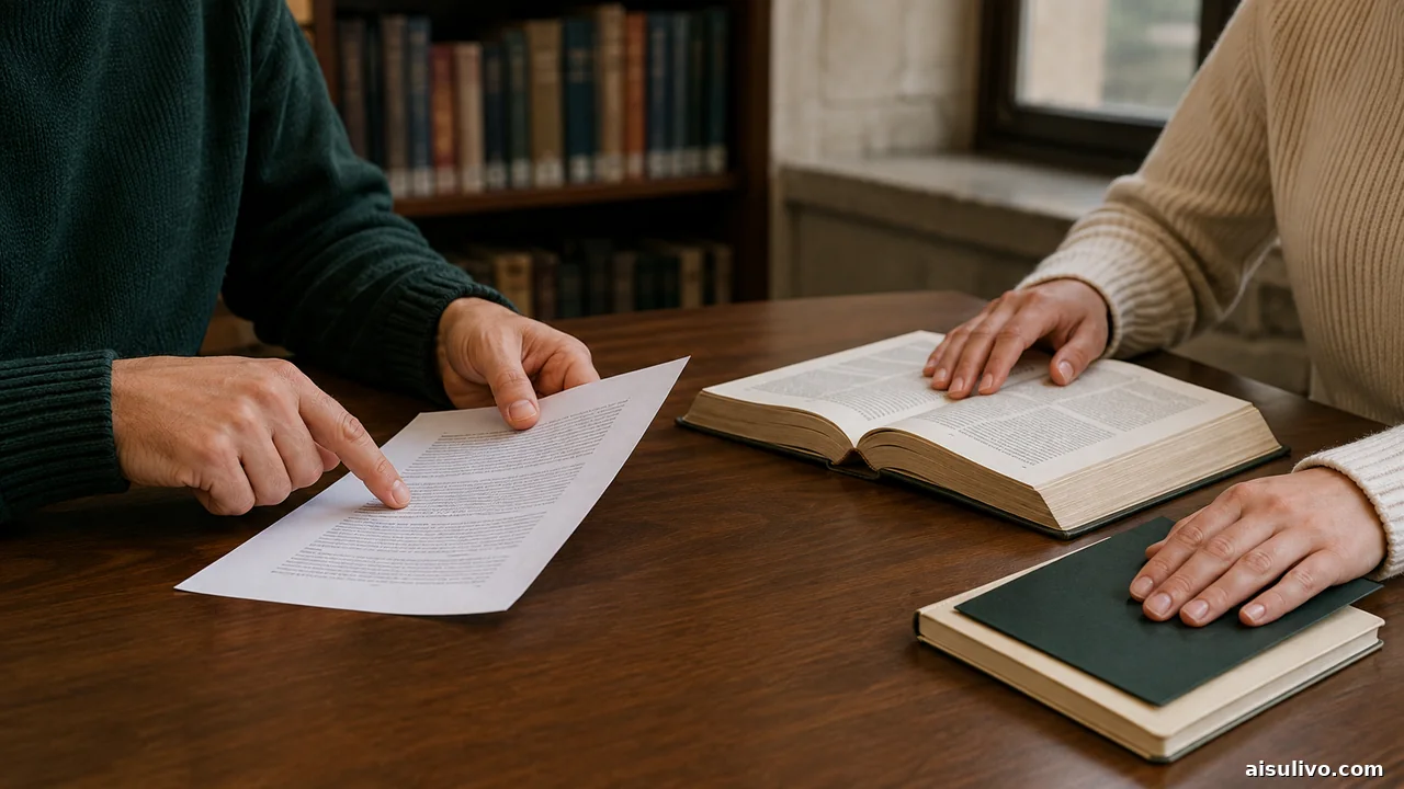 Students checking a printed source against a reference book while covering private notes