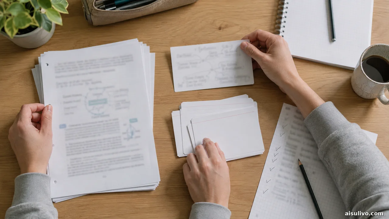 Student arranging source pages, questions, flashcards and a practice sheet
