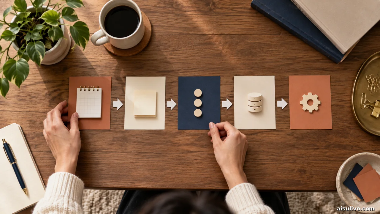 Hands arranging a physical workflow across calendar, notes, database, and automation cards