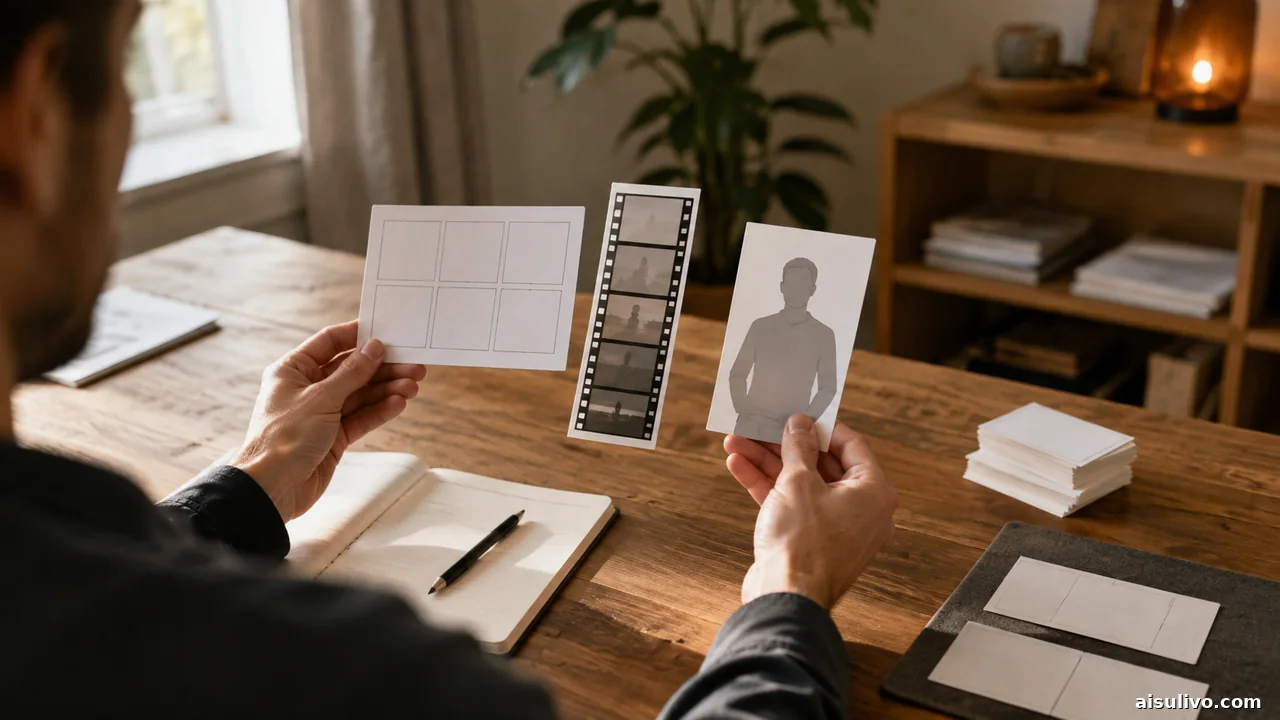 Creator comparing storyboard, film-strip and presenter-led video workflows