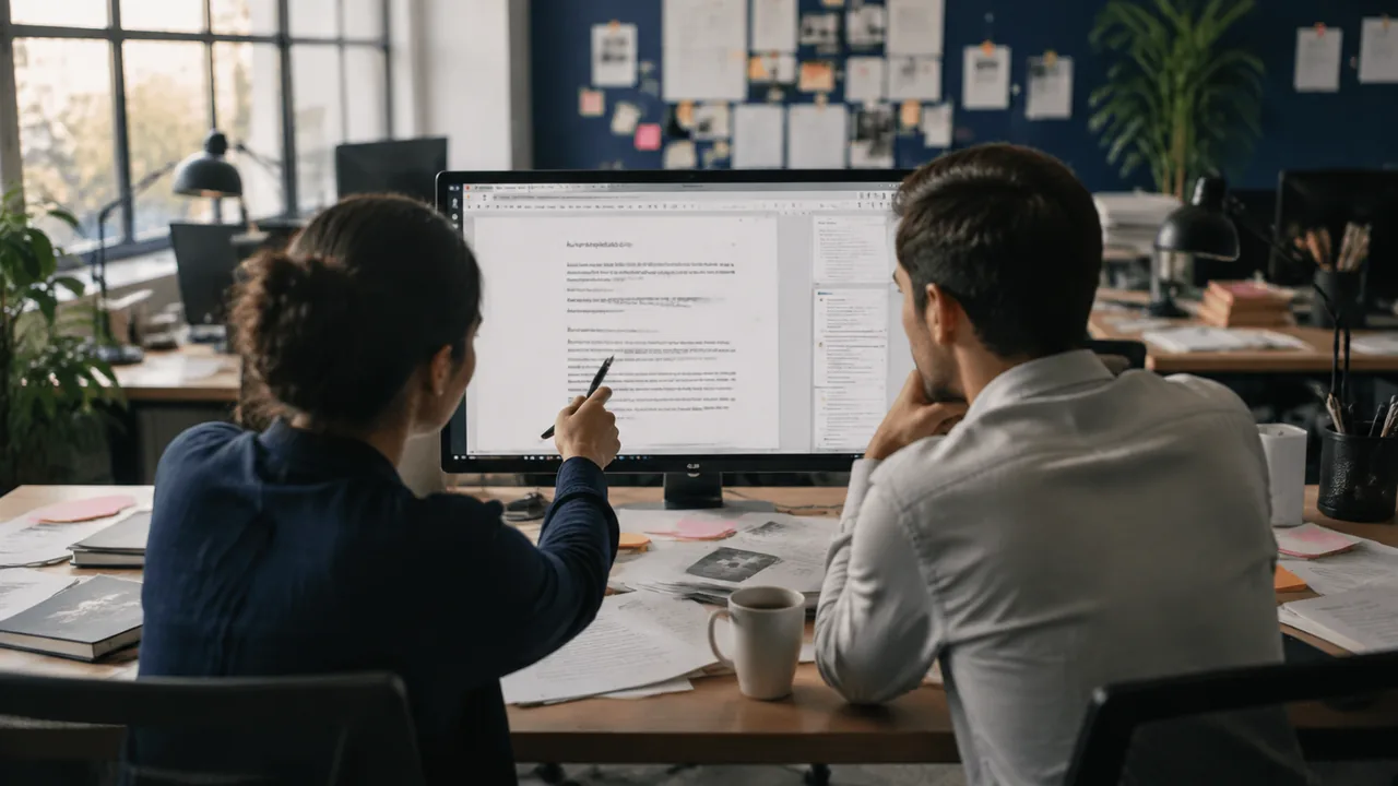Two colleagues reviewing a draft together on a monitor