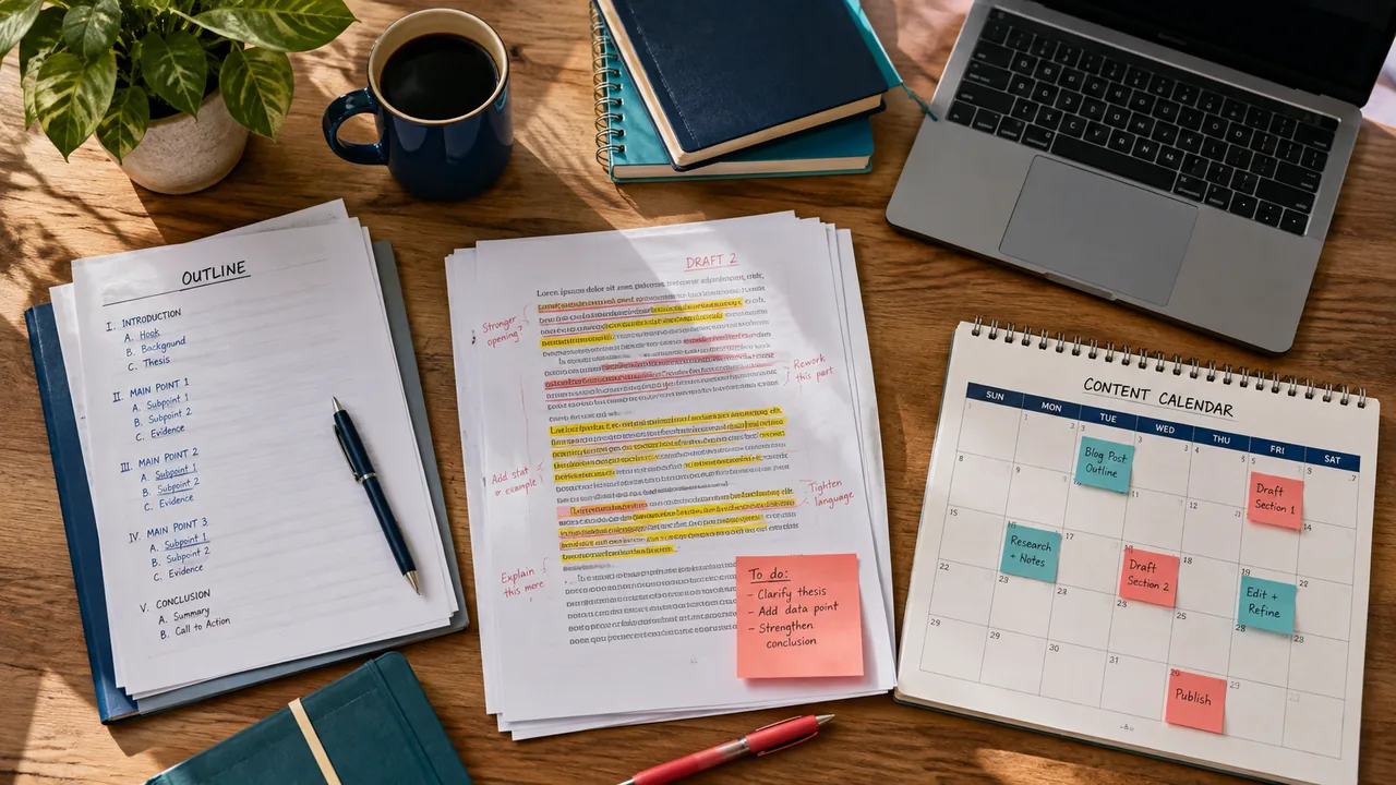 Outline, revisions, and a content calendar on a writer's desk