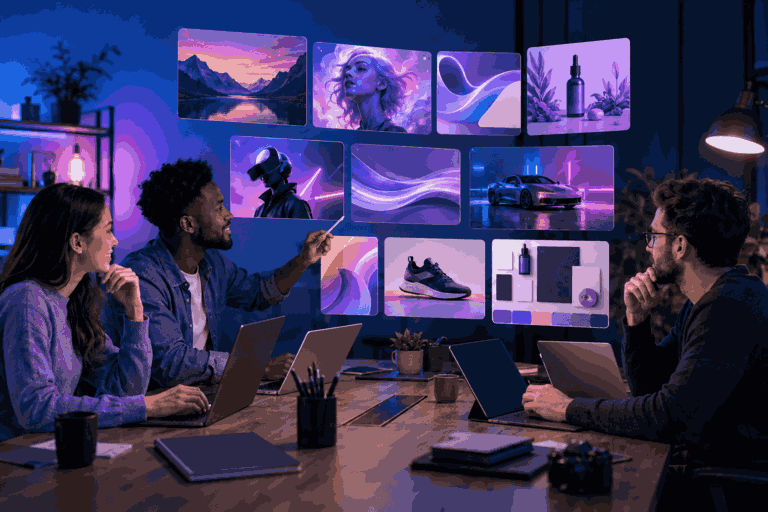 Creative team collaborating with AI image generators on art and marketing visuals