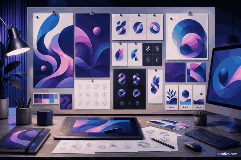 AI image generator design workspace with brand moodboard and layout drafts