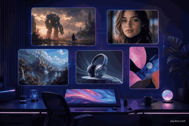Multi-style AI art studio examples showing different generator aesthetics
