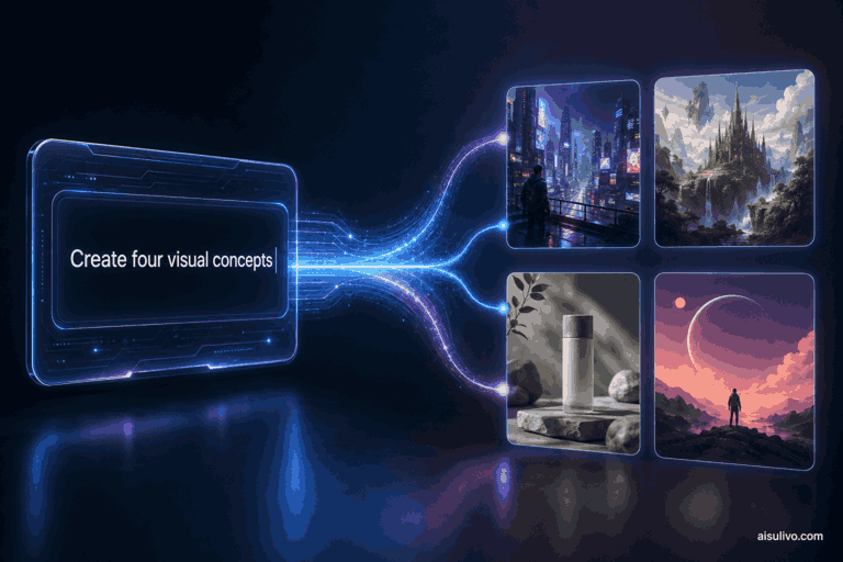 Text prompt turned into four distinct AI image concepts for creative comparison